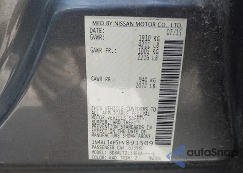 2015 Nissan Altima 2.5 Sl from USA, damaged, VIN 1N4AL3AP5FN891509